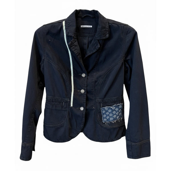 Dominique Cohen vintage denim tailored collar jacket, updated with sashiko artistry<span class='visuallyhidden'>; shop help at 760-978-9297.</span>