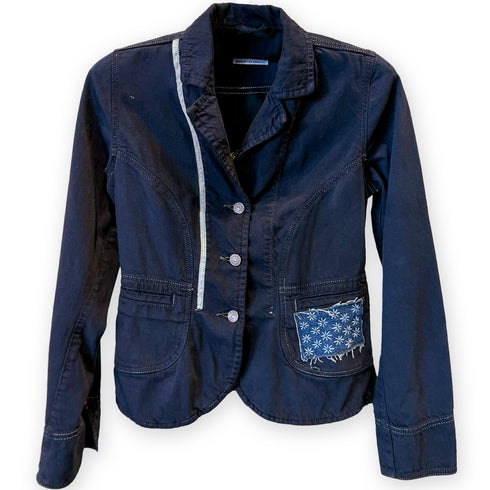 Dominique Cohen vintage denim tailored collar jacket, updated with sashiko artistry<span class='visuallyhidden'>; shop help at 760-978-9297.</span>