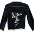 black denim structured jacket with floral artistry, raw edge, and hand-stitched accents<span class='visuallyhidden'>; shop help at 760-978-9297.</span>