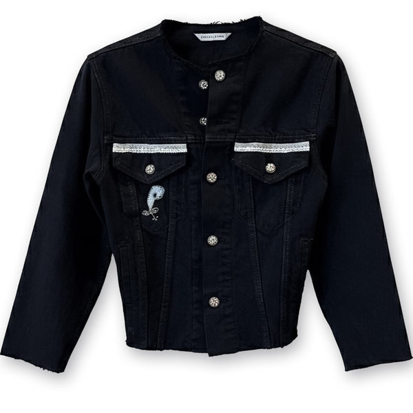 Dominique Cohen vintage black denim structured jacket, updated with hand-stitched artistry and raw edging<span class='visuallyhidden'>; shop help at 760-978-9297.</span>