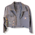 Dominique Cohen vintage denim cropped jacket, updated with raw edges + hand-stitched artistry<span class='visuallyhidden'>; shop help at 760-978-9297.</span>
