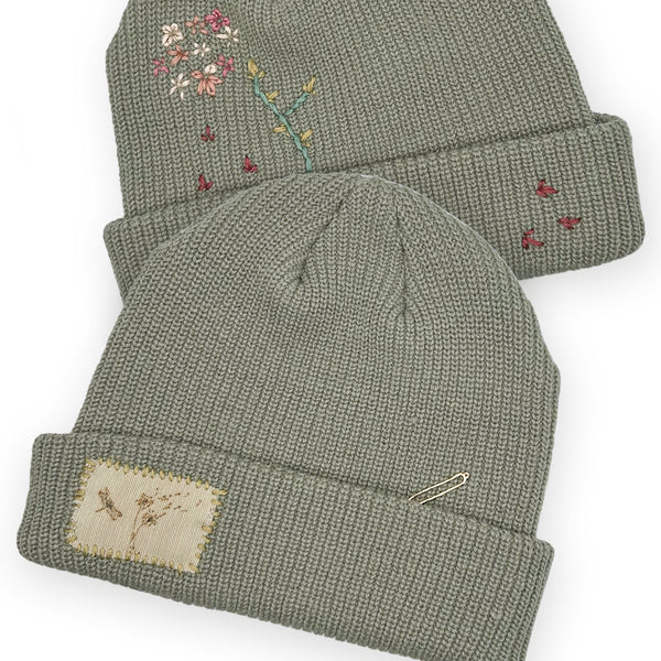 Dominique Cohen designer beanie in dragonfly floral motif with 18k gold plated elongated link accent <span class='visuallyhidden'>Text, phone 323-404-2959 for shop help.</span>