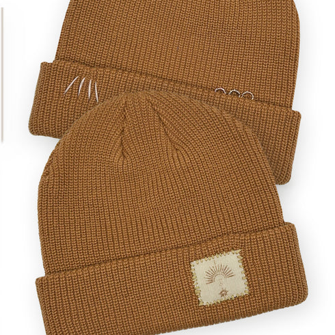 Dominique Cohen designer beanie in sunrays motif with 18k gold plated textural rings <span class='visuallyhidden'>Text, phone 323-404-2959 for shop help.</span>