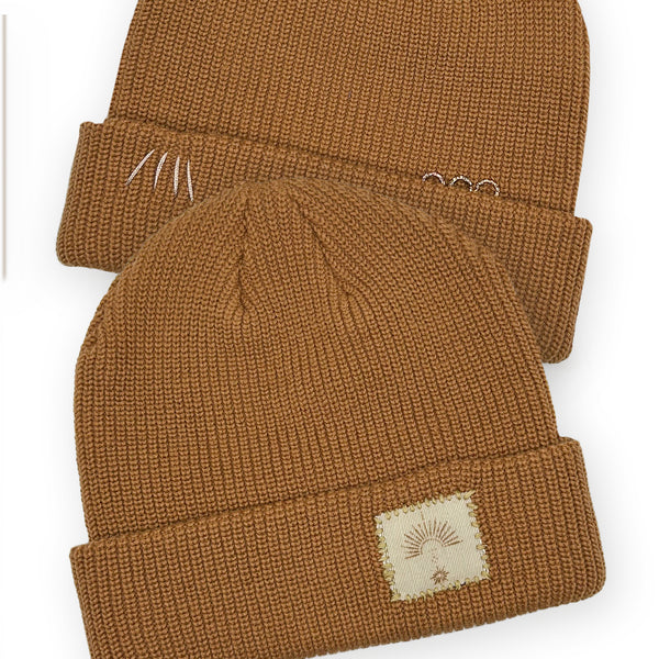 Dominique Cohen designer beanie in sunrays motif with 18k gold plated textural rings <span class='visuallyhidden'>Text, phone 323-404-2959 for shop help.</span>