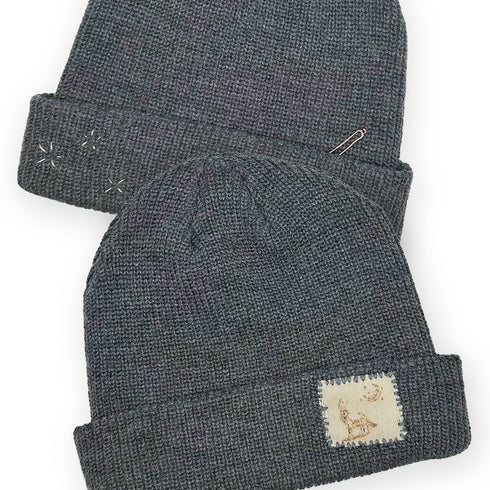 Dominique Cohen designer beanie in howl at the moon motif with 18k gold plated elongated link <span class='visuallyhidden'>Text, phone 323-404-2959 for shop help.</span>