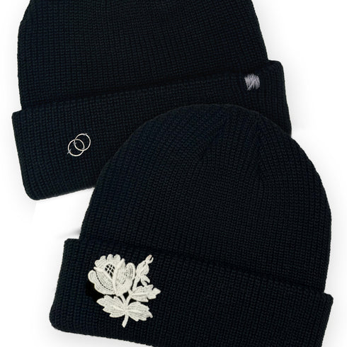 Dominique Cohen designer beanie in floral lace motif with antiqued sterling rings<span class='visuallyhidden'>; shop help at 760-978-9297.</span>