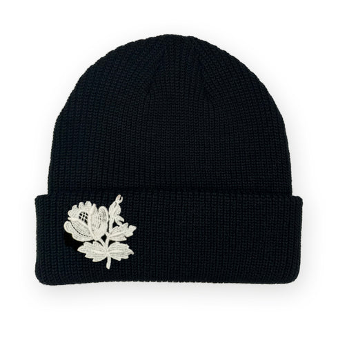 floral lace beanie (front) in black<span class='visuallyhidden'>; shop help at 760-978-9297.</span>