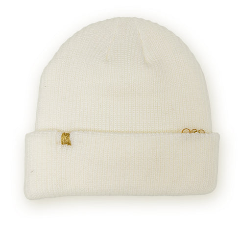 antique lace beanie (back) in creme with gold rings<span class='visuallyhidden'>; shop help at 760-978-9297.</span>