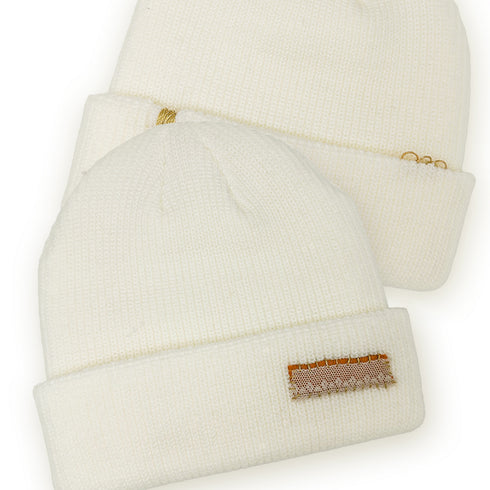 Dominique Cohen designer beanie in antique lace motif with gold rings<span class='visuallyhidden'>; shop help at 760-978-9297.</span>