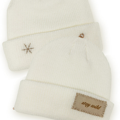 Dominique Cohen designer beanie in stay wild patch + rose gold rings<span class='visuallyhidden'>; shop help at 760-978-9297.</span>