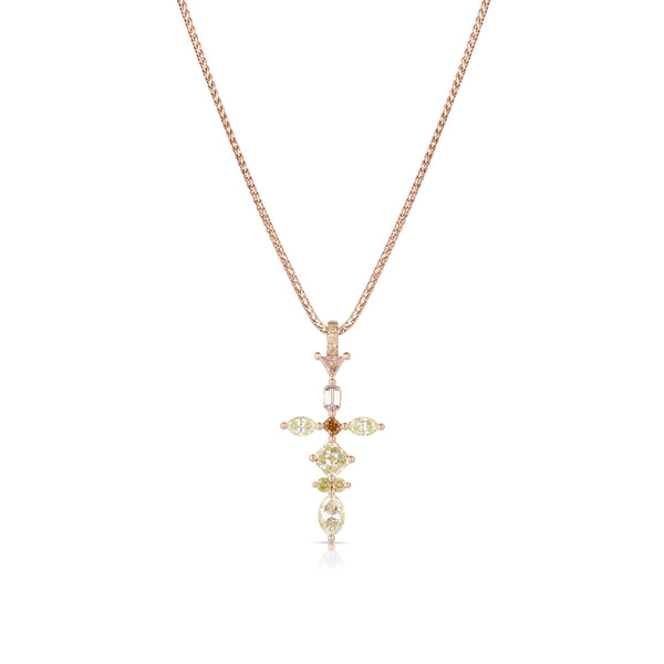 Dominique Cohen bespoke mixed diamond hues delicate cross<br>pendant necklace in 18k rose gold <span class='visuallyhidden'>Call, text 323-404-2959 for shopping help.</span>