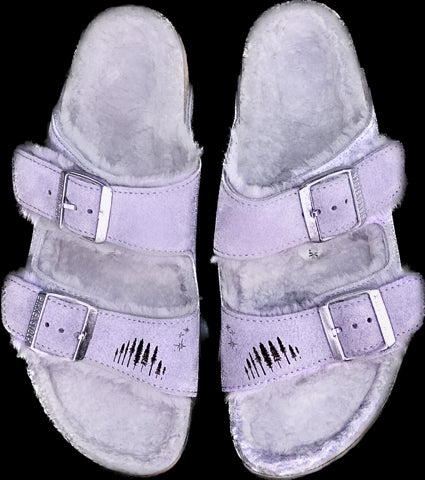shearling suede sandal in purple fog size 9, with redwoods + Northstar custom detail <span class='visuallyhidden'>Call, text 323-404-2959 for shopping help.</span>