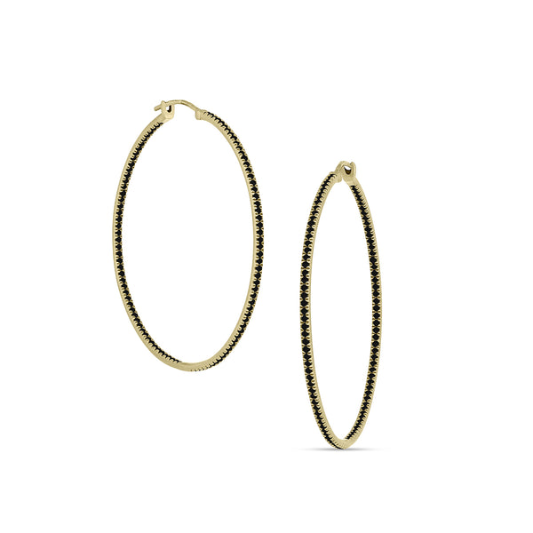 18k yellow gold black diamond 2-inch hoop earrings,<br>with all diamonds facing forward <span class='visuallyhidden'>Call or text 323-404-2959 for shopping assistance</span>