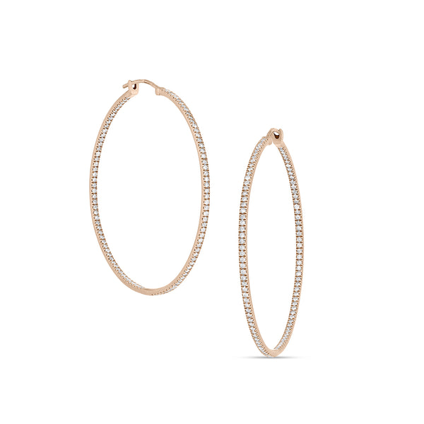 18k rose gold diamond 2-inch hoop earrings,<br>with all diamonds facing forward <span class='visuallyhidden'>Call or text 323-404-2959 for shopping assistance</span>