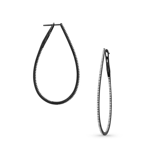 Dominique Cohen 2-inch oval hoop diamond earrings<br>in 18k black gold, front and size views <span class='visuallyhidden'>Text, call 323-404-2959 for shopping help.</span>