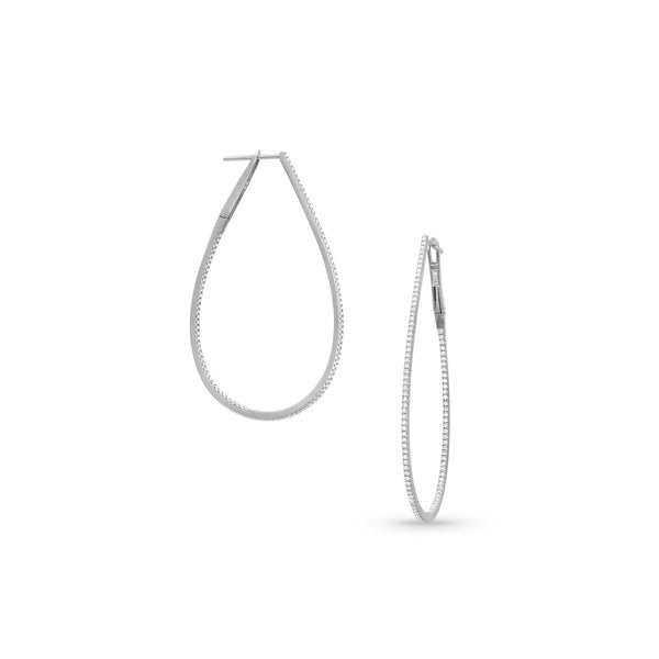 white diamond oval hoop Carrie earring, 1.5-inch<br>in 18k white gold; front + side views <span class='visuallyhidden'>Text, phone 323-404-2959 for shopping assistance.</span>
