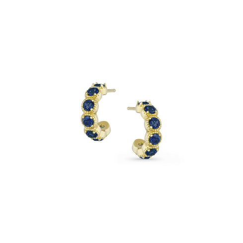 Dominique Cohen blue sapphire chunky huggie hoop milgrain-style earrings<span class='visuallyhidden'>; shop help at 760-978-9297.</span>