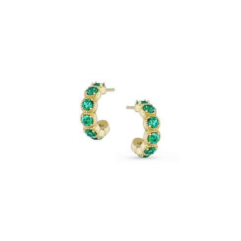 Dominique Cohen emerald chunky huggie hoop milgrain-style earrings<span class='visuallyhidden'>; shop help at 760-978-9297.</span>