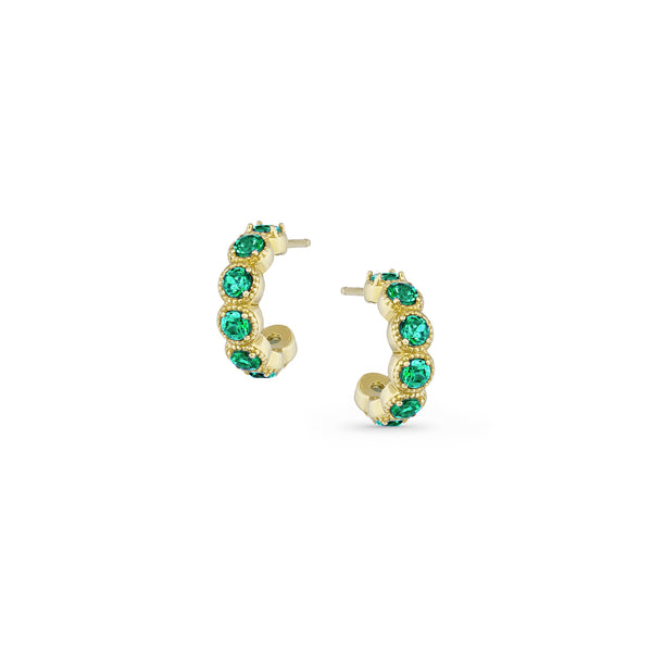 Dominique Cohen emerald chunky huggie hoop milgrain-style earrings<span class='visuallyhidden'>; shop help at 760-978-9297.</span>