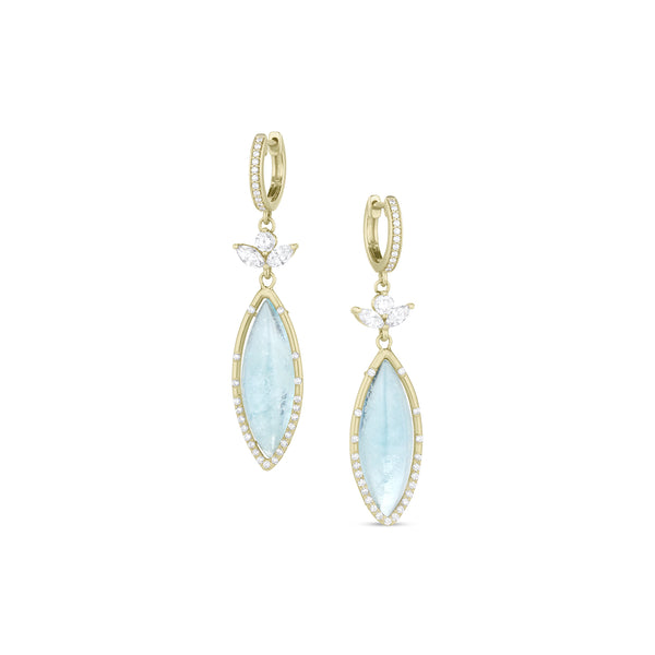 aquamarine cabochon and diamond navette,<br>diamond lotus flower, hinged huggie hoop earring <span class='visuallyhidden'>Text, phone 323-404-2959 for shopping assistance.</span>