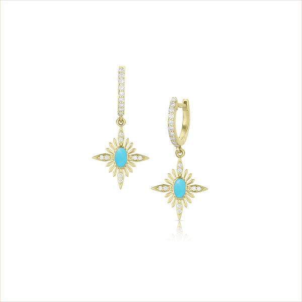 Dominique Cohen celestial turquoise and diamond earrings on diamond huggie hoops <span class='visuallyhidden'>Text, call 323-404-2959 for shopping help.</span>