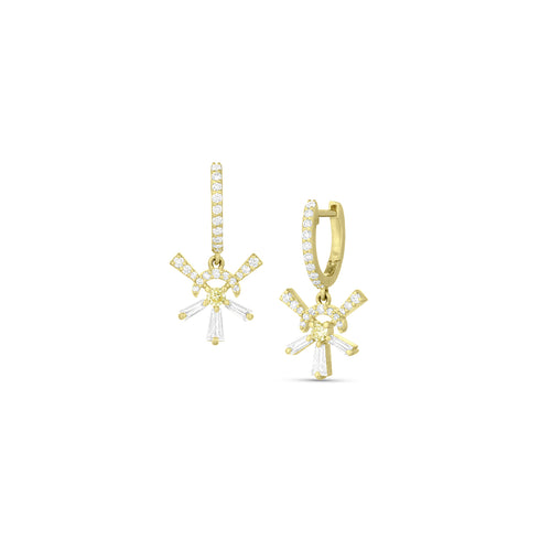 yellow diamond, white diamond bespoke dangle earring<br>sun ray motif, with diamond huggie hoops <span class='visuallyhidden'>Text, phone 323-404-2959 for shopping assistance.</span>
