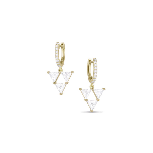 rose cut diamond trillion trio drop earring with diamond huggie hoop earwires<br>in white diamonds and 18k yellow gold <span class='visuallyhidden'>Call or text 323-404-2959 if you need shopping assistance.</span>