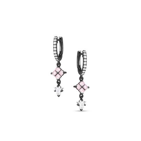 black gold bespoke pink diamond, white diamond arrowhead earrings on diamond huggie hoop <span class='visuallyhidden'>Text, phone 323-404-2959 for shopping assistance.</span>
