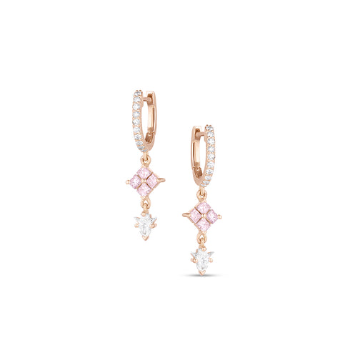bespoke pink diamond and white diamond arrowhead earring on diamond huggie hoop, in rose gold <span class='visuallyhidden'>Text, phone 323-404-2959 for shopping assistance.</span>
