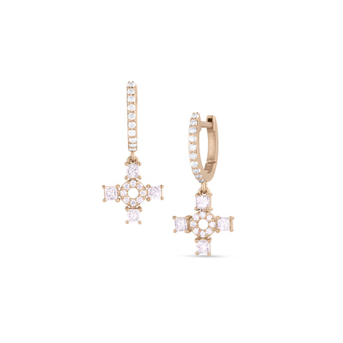 Dominique Cohen one of a kind fancy pink diamond Celtic cross diamond earring with diamond-faced hinged huggie hoop earwire <span class='visuallyhidden'>Call, text 323-404-2959 for shopping assistance</span>