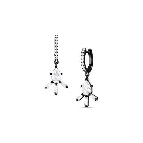 one of a kind pear-cut and baguettes starburst earrings on diamond huggie hoops, in black gold <span class='visuallyhidden'>Call, text 323-404-2959 for shopping help.</span>