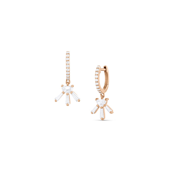 limited edition half moon with starburst diamond earrings on diamond faced huggie hoops, in 18k rose gold <span class='visuallyhidden'>Text, phone 323-404-2959 for shopping help.</span>
