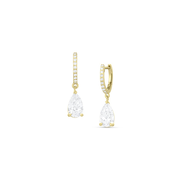 Dominique Cohen pear cut diamond drop earring on diamond huggie hoop <span class='visuallyhidden'>Call, text 323-404-2959 for shopping help.</span>