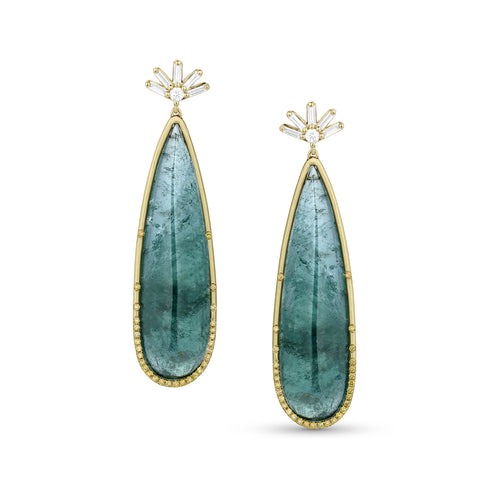 teal tourmaline, yellow diamond, white diamond elongated teardrop one of a kind earrings<span class='visuallyhidden'>; shopping help at 323-404-2959.</span>