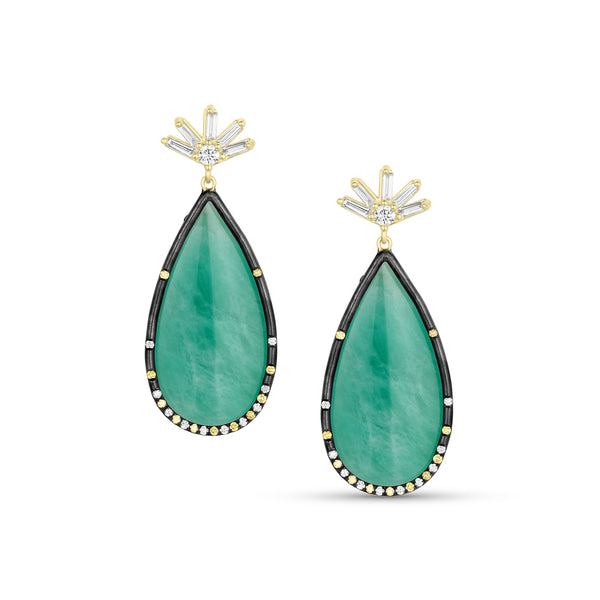 emerald slice, diamond, yellow diamond teardrop earrings by Dominique Cohen in black and yellow golds<span class='visuallyhidden'>; shop help at 760-978-9297.</span>