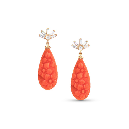 Dominique Cohen carved coral teardrop earrings on diamond spray 18k gold posts <span class='visuallyhidden'>Call, text 323-404-2959 for shop help.</span>