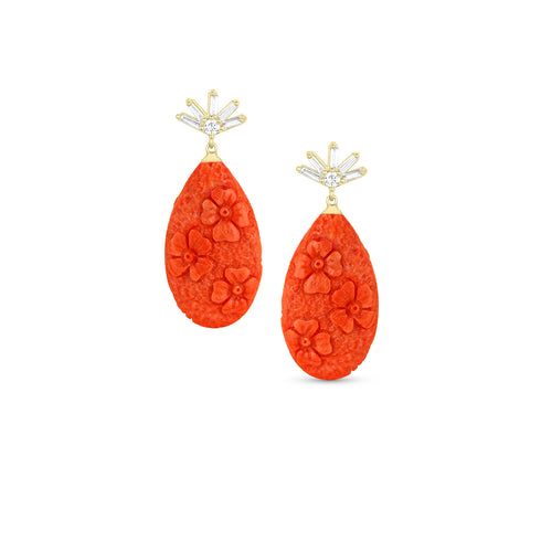 Dominique Cohen carved coral drop earrings on diamond-spray posts, in 18k rose gold<span class='visuallyhidden'>; shop help at 760-978-9297.</span>