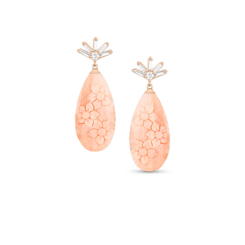 Dominique Cohen carved ombré coral drop earrings on diamond-spray posts, in 18k rose gold<span class='visuallyhidden'>; shop help at 760-978-9297.</span>