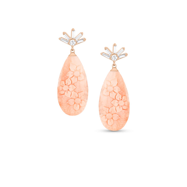 Dominique Cohen carved ombré coral drop earrings on diamond-spray posts, in 18k rose gold<span class='visuallyhidden'>; shop help at 760-978-9297.</span>