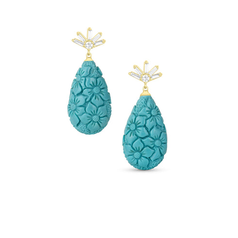 Dominique Cohen floral carved turquoise teardrop earrings on 18k gold diamond spray posts<span class='visuallyhidden'>; shop help at 760-978-9297.</span>