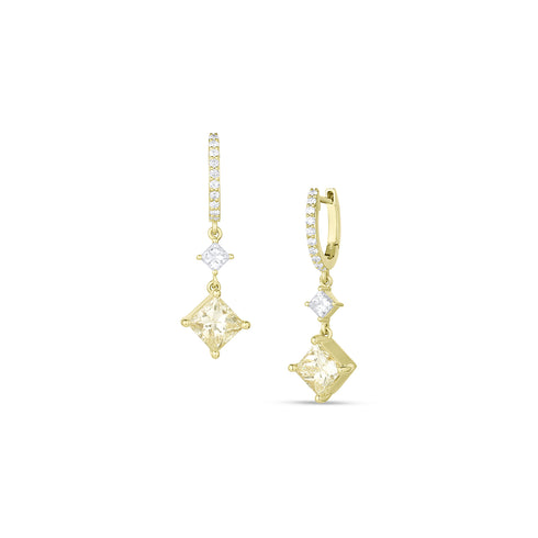 lemon yellow diamond and white diamond drop earrings with diamond-faced huggie hoop earwires<span class='visuallyhidden'>; shopping help at 323-404-2959.</span>