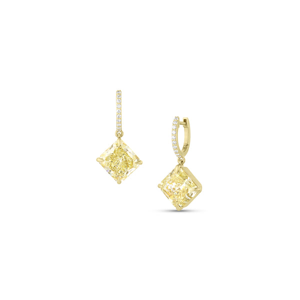 Dominique Cohen gorgeously matched natural yellow diamond cushion cut diamond earrings on white diamond huggie hoops<span class='visuallyhidden'>; shop help at 760-978-9297.</span>