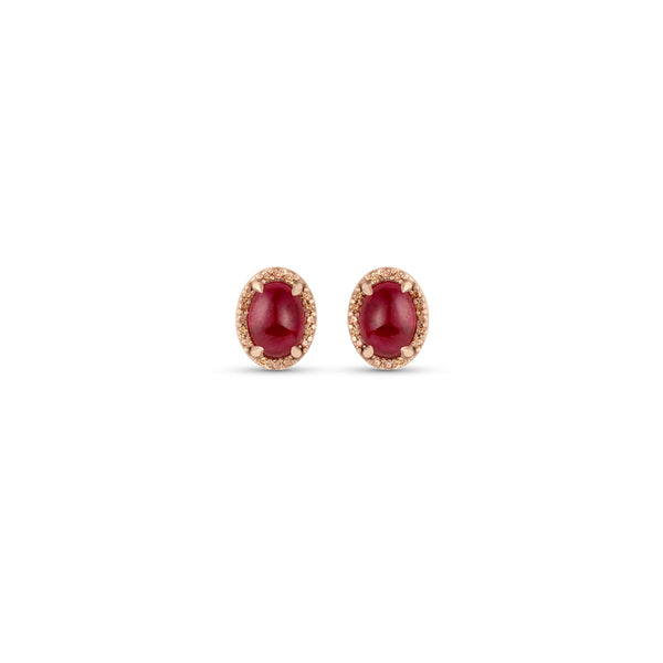 oval ruby and champagne diamond 18k rose gold stud earring<span class='visuallyhidden'>; shop help at 760-978-9297.</span>