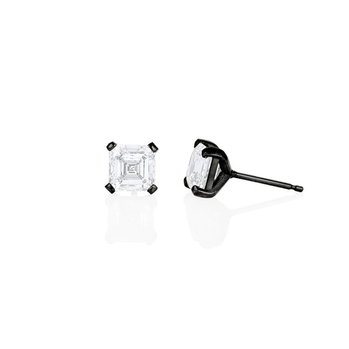 head-on + side views of asscher-cut diamond stud earrings in 18K black gold<span class='visuallyhidden'>; shop help at 760-978-9297.</span>