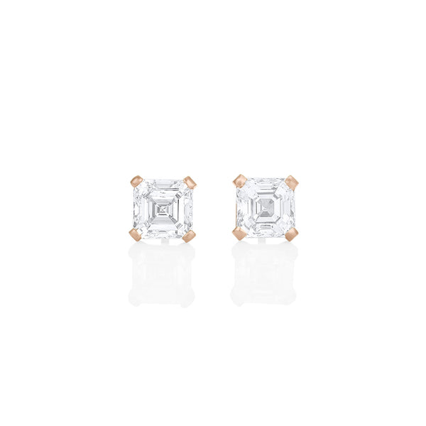 Dominique Cohen two carat (pair) asscher-cut diamond stud earrings in 18K rose gold<span class='visuallyhidden'>; shop help at 760-978-9297.</span>