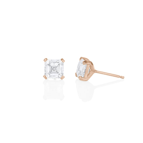 head-on + side views of our asscher-cut diamond stud earring<span class='visuallyhidden'>; shop help at 760-978-9297.</span>