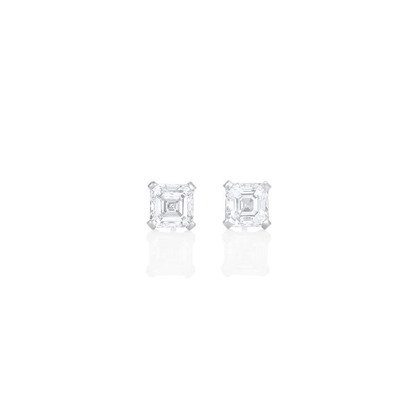 Dominique Cohen two carat (pair) asscher-cut diamond stud earrings in 18K white gold<span class='visuallyhidden'>; shop help at 760-978-9297.</span>