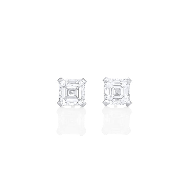 Dominique Cohen two carat (pair) asscher-cut diamond stud earrings in 18K white gold<span class='visuallyhidden'>; shop help at 760-978-9297.</span>