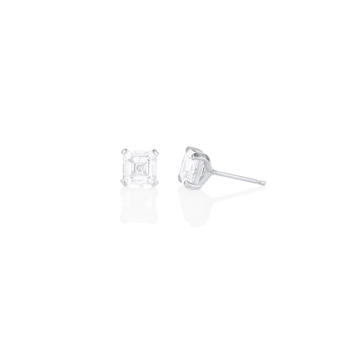 two carat pair of asscher diamond studs, side view <span class='visuallyhidden'>; shop help at 760-978-9297.</span>