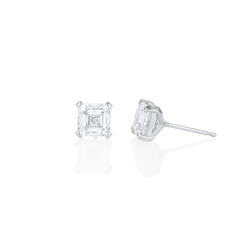 head-on + side view of our asscher-cut diamond stud earring<span class='visuallyhidden'>; shop help at 760-978-9297.</span>